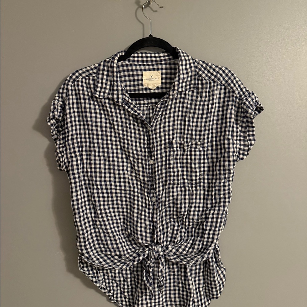 American Eagle Outfitters Navy and White Checkered Button-Down Shirt